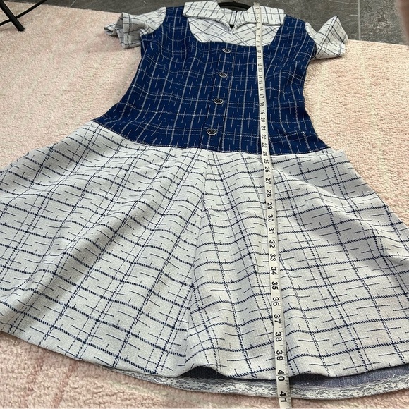 Vintage 1960s Navy and Off White Plaid Midi Dress Drop Waist Tie Belt Size 8 - Picture 9 of 12